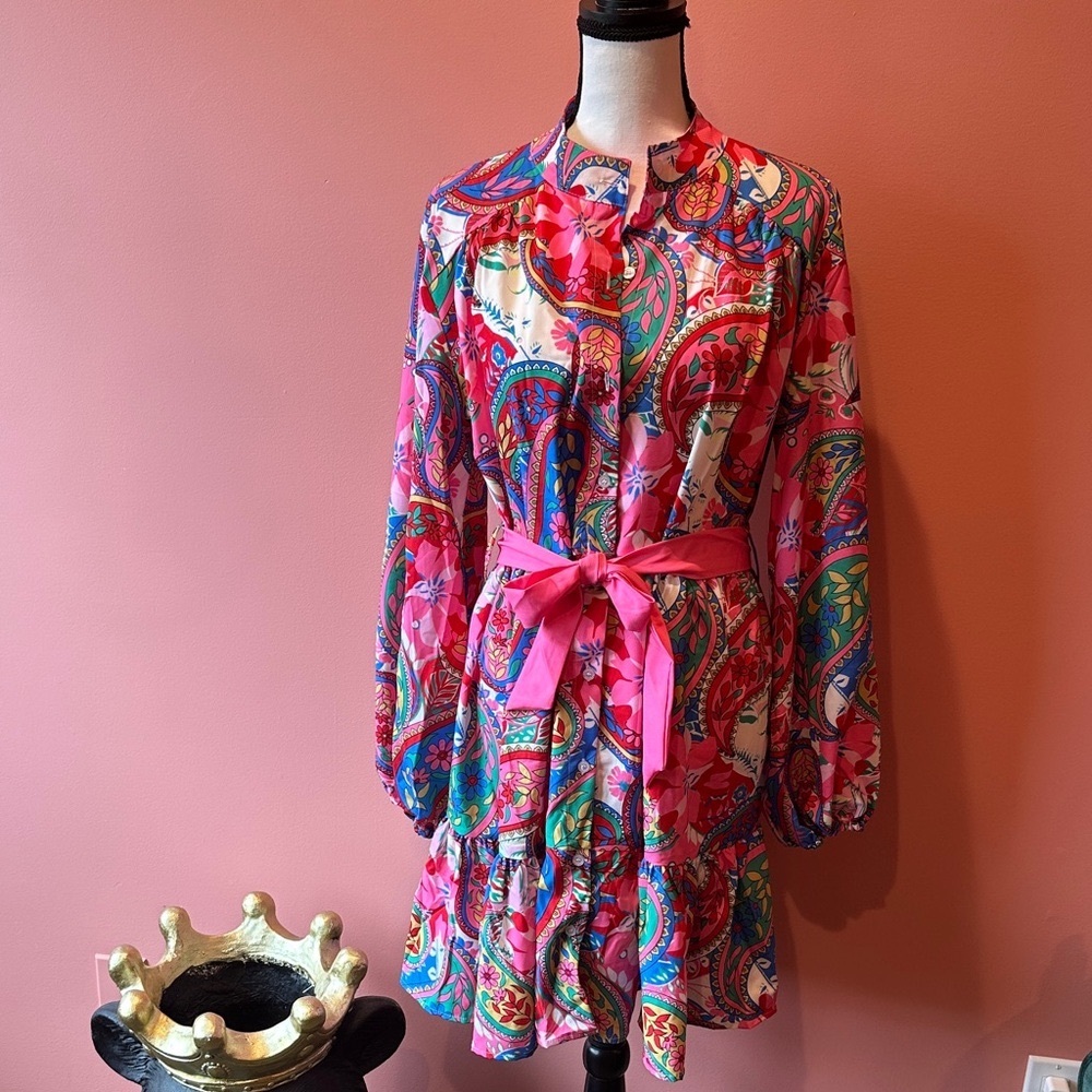 Vibrant Pink Paisley Belted Shirt Dress